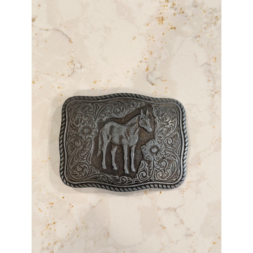 Vintage Western Mule Donkey Belt Buckle Silver Tone Floral Scroll Rope Border